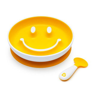 Munchkin满趣健 笑脸盘宝宝自主进食辅食盘吸盘碗辅食勺左右手训练勺儿童餐具套组 黄色