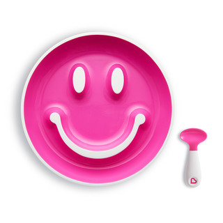 Munchkin满趣健 笑脸盘宝宝自主进食辅食盘吸盘碗辅食勺左右手训练勺儿童餐具套组 粉色