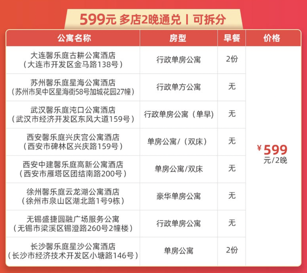 雅诗阁通兑券！13城22店 周末不加价 2晚套票多价档可选