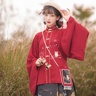 CHIXIA 池夏 改良 明制汉服 花与酒:喵喵星 女士立领对襟补服短百迭裙 S1739 黑红色 S