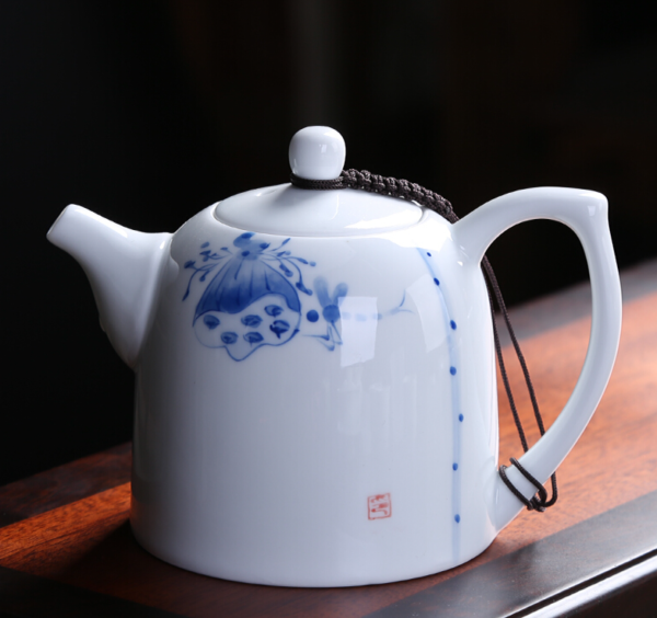 祥业白瓷茶壶陶瓷大号手绘泡茶器官窑蓝彩