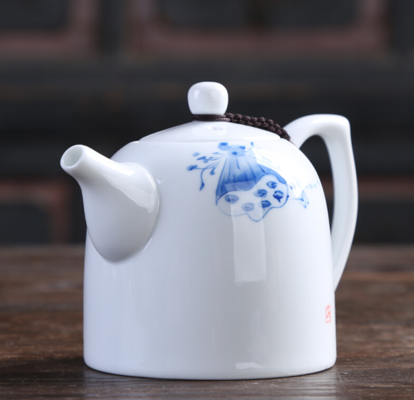祥业白瓷茶壶陶瓷大号手绘泡茶器官窑蓝彩
