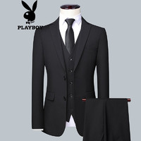 PLAYBOY 花花公子 西服套装男2021冬季男士商务正装三件套修身纯色职业西装 黑色 XL