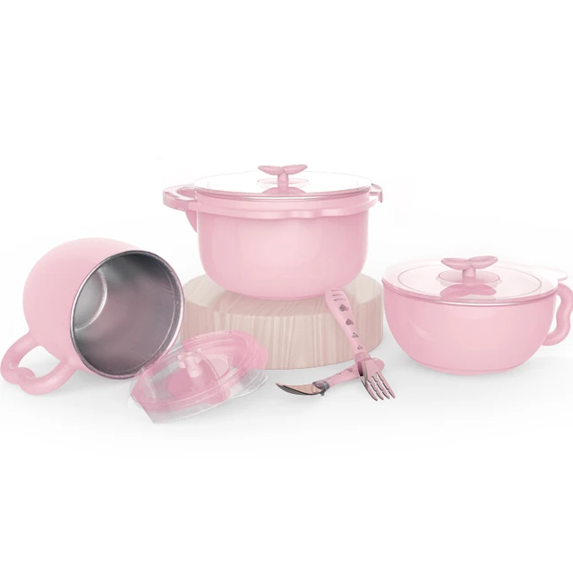 AING 爱音 儿童不锈钢保温餐具套装 粉色