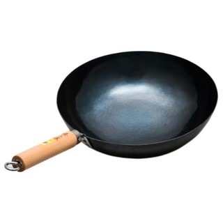 Zhangqiu iron Wok 章丘铁锅 手工锻打无涂层物理不粘炒锅木把圆底炒菜锅 轻音 标准版古法烤蓝（已干烧） 32cm