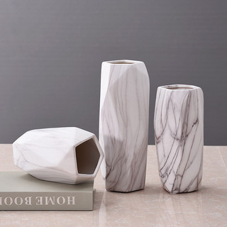 Hoatai Ceramic 华达泰陶瓷 石纹几何花瓶三件套+尤伽绿+粉牡丹*2束