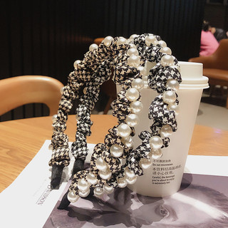 韩版新款珍珠缠绕千鸟格金属发箍 网红爆款简约褶皱气质少女头箍
