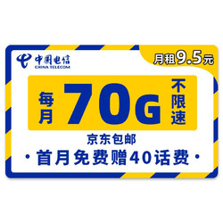 CHINA TELECOM 中国电信 4g纯上网无限流量大王月租不限速 流星卡9.5元（70G流量+300通话）