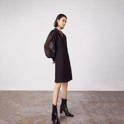 LILY 新款女装气质黑色雪纺拼接双排扣通勤西装式长袖连衣裙