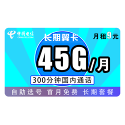CHINA TELECOM 中国电信 长期翼卡 9元/月（15G通用+30G定向+300分钟）