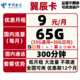 中国电信 电信翼辰卡 9包每月65G全国+300分钟不限速