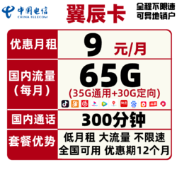 CHINA TELECOM 中国电信 电信翼辰卡 9包每月65G全国+300分钟不限速