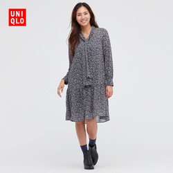 UNIQLO 优衣库 女装 印花/黑色雪纺蝴蝶结飘带连衣裙长袖仙女裙 446157