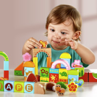 Hape 木质积木80粒宝宝花园桶装早教玩具男女孩儿童节礼物