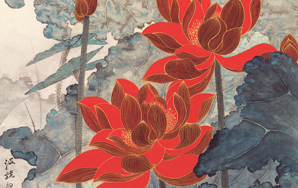 橙舍 大千荷,惊艳了全世界—张大千 金荷 140x70cm 中式玄关装饰画