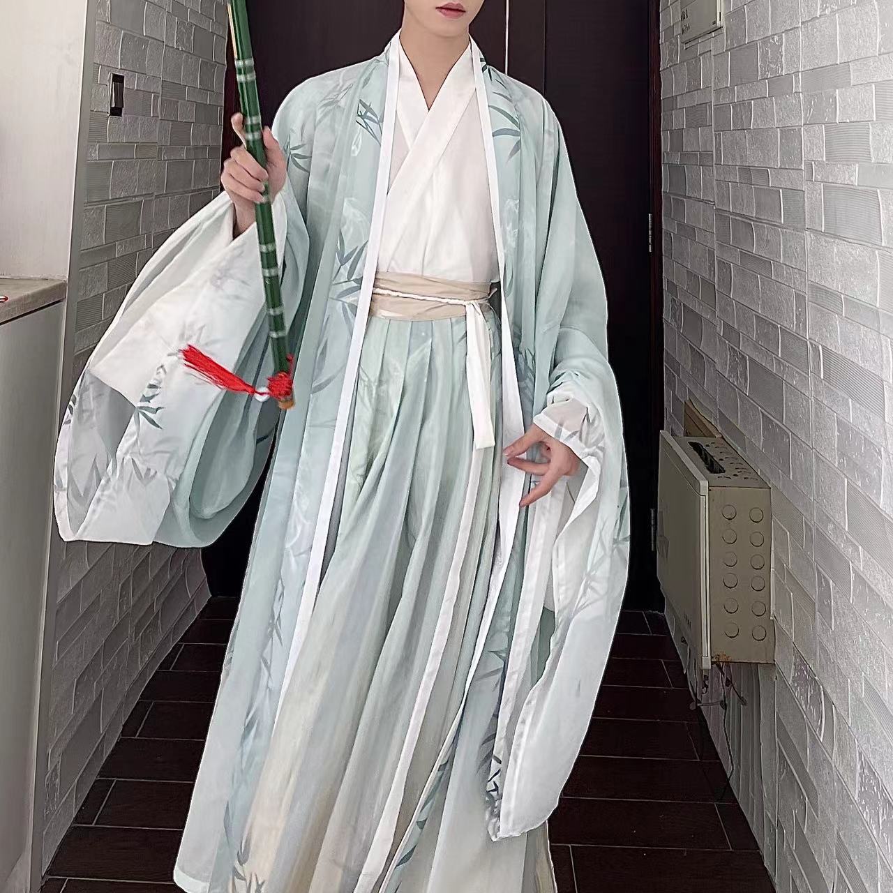 羽月司衣局 汉服 小竹叶 男女款交领衫大袖衫六破裙 绿白 S