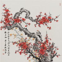 弘舍 霍新光 红梅 88x88cm 田园柚木木框