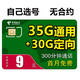中国电信 紫星卡 9元月租 （65G全国流量+300分钟通话号码自选）