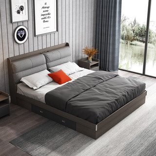 A家 床 北欧双人床板床木床单人框架高箱床储物床简约卧室家具大空间储物1.5米1.8米WJ1002 1.5*2.0米(高箱床-棉麻款) 床+床垫