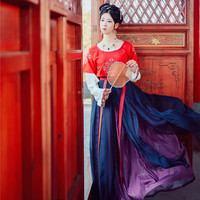 南风汉韵 唐风汉服 以梦为马 女士半臂上襦齐腰下裙 2090428 红色+白色+蓝色 M