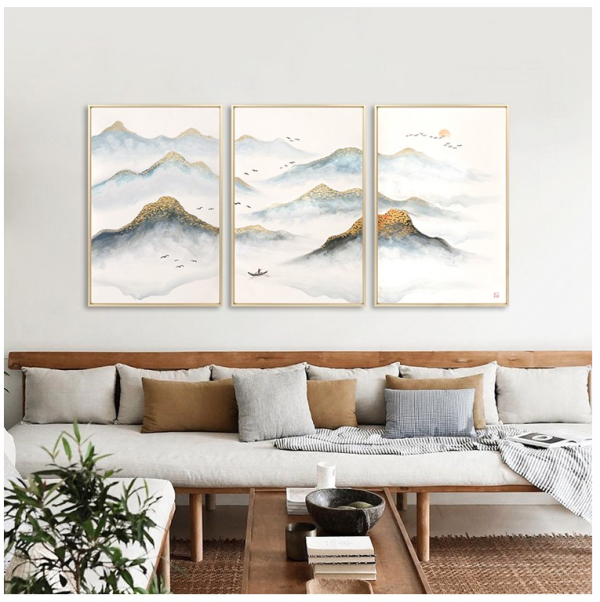 尚得堂新中式山水风景三联画山色湖光带框50x70cmx3宣纸现代简约写意