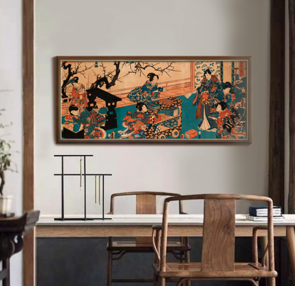 上品印画 《春诗歌朗诵》40x80cm 油画布 新中式居酒屋浮世绘样板房装饰画 细边黑色框