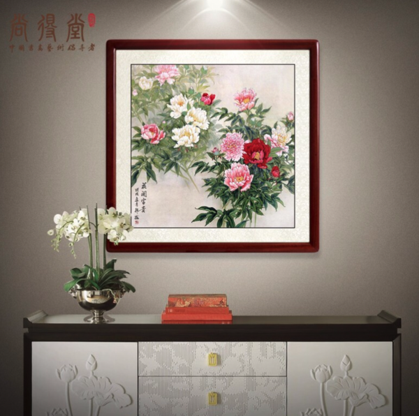 尚得堂 韩梅 牡丹花客厅花鸟画《花开富贵》 65x65cm 宣纸 沙比利实木框