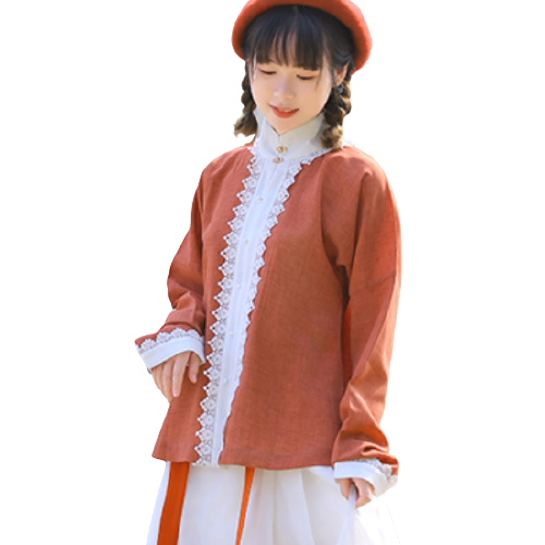 SANSHANJIU 三山氿 改良 明制汉服 女士立领对襟短衫 红色 M