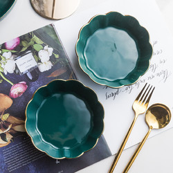 隽美 轻奢北欧孔雀绿金边2件套陶瓷餐具面碗沙拉碗甜品碗