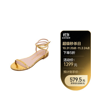 STUART WEITZMAN 女士金色蛇纹牛皮凉鞋 MERINDA FLAT MINI PRNT MET SNAKE GOLD 36.5