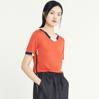 天意 TANGY/天意商场同款夏季新品时尚拼色织带V领短袖针织T恤