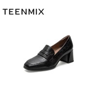 TEENMIX 天美意 Teenmix/天美意2021春新款商场同款复古方头通勤绵羊皮革粗跟女单鞋CL123AA1
