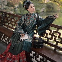 八荒原创汉服 明制汉服 麒麟游 女士立领长袄 墨绿色 S
