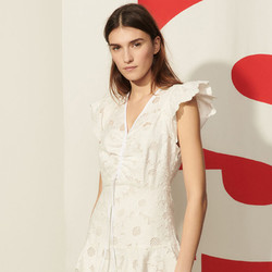 Sandro 预售7-10工作日 2021春夏季新款 女士短袖镂空蕾丝连衣裙 白色 连衣裙