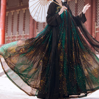 听鹤居 改良 汉服 星河鹭起 瀚 女士齐胸衫裙 黑色+深绿色 M