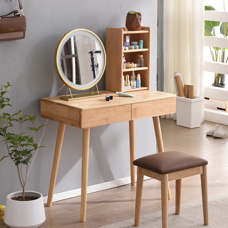 实木梳妆台卧室实木化妆柜现代简约多功能北欧ins梳妆桌柜组合原木色