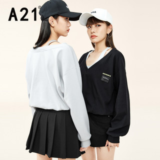 A21 女装假两件卫衣2021秋冬新款v领设计感上衣慵懒套头薄款打底衫