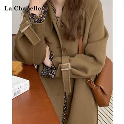 La Chapelle 拉夏贝尔 高端双面羊绒大衣2021韩版娃娃领系带宽松过膝呢子外套女
