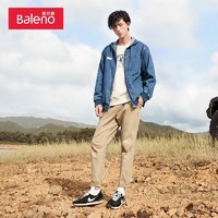 Baleno 班尼路 秋冬款棉质连帽牛仔夹克衫男休闲青年拼接帅气上衣时尚学生帽衫宽松个性潮流外套 03D M