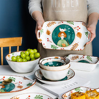 摩登主妇 日式家用餐具碗盘焗饭碗面碗汤碗长盘鱼盘卡通陶瓷套装