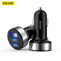 ESCASE 原装车载充电器快充汽车点烟器充电头转换器USB一拖二支持苹果13华为荣耀小米手机铝合金2.4A黑色