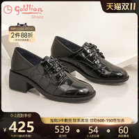 goldlion 金利来 女鞋2021秋季新款黑色石头纹小皮鞋职业通勤深口粗跟单鞋女