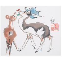 朶雲軒 程十发 木版水印画《双鹿》画芯约23.5x28.5cm 宣纸 简约抽象动物装饰画
