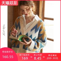 Knit Mix KnitMix撞色短款V领针织开衫女2021新款秋冬慵懒外套