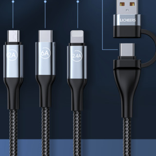 LICHEERS 领臣 LC-469 USB/A/TYPE-C转Lightning/Micro-B/Type-C 6A 数据线 编织锌合金 1.8m 黑色