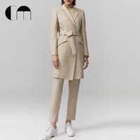 CM COMME MOI吕燕设计师燕麦色长袖收腰修身中长款羊毛大衣女士外套