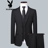 PLAYBOY 花花公子 西服套装男2021冬季男士商务正装三件套修身纯色职业西装 黑色 L