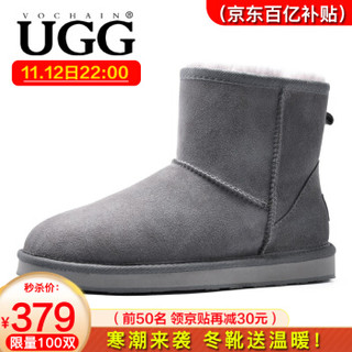 UGG VOCHAIN UGG雪地靴女 2021新品冬季羊皮毛一体情侣款男女短靴 灰色 37