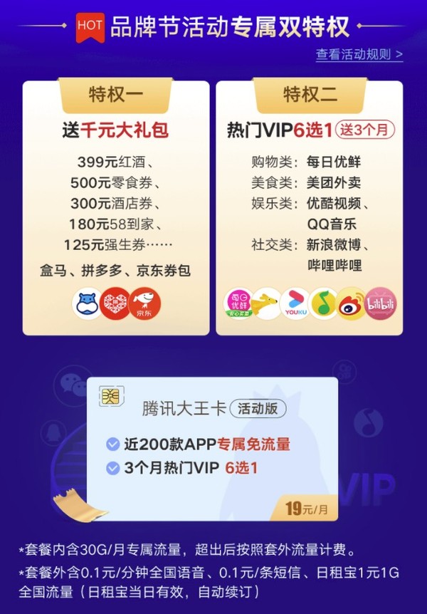 中国联通 腾讯大王卡活动版 19元月租（30G定向流量）