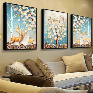北欧麋鹿客厅装饰画卧室三联水晶壁画现代沙发背景墙画挂画免打孔